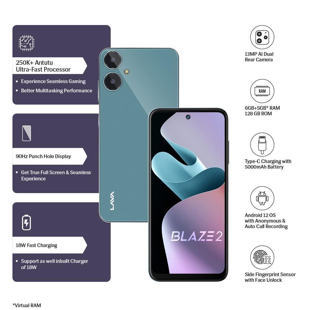 Lava Blaze 2 (6GB RAM, 128GB Storage) - Glass Blue | 18W Fast Charging | 6.5 inch 90Hz Punch Hole Display | Side Fingerprint Sensor | Upto 11GB Expandable RAM | 5000 mAh Battery - Triveni World