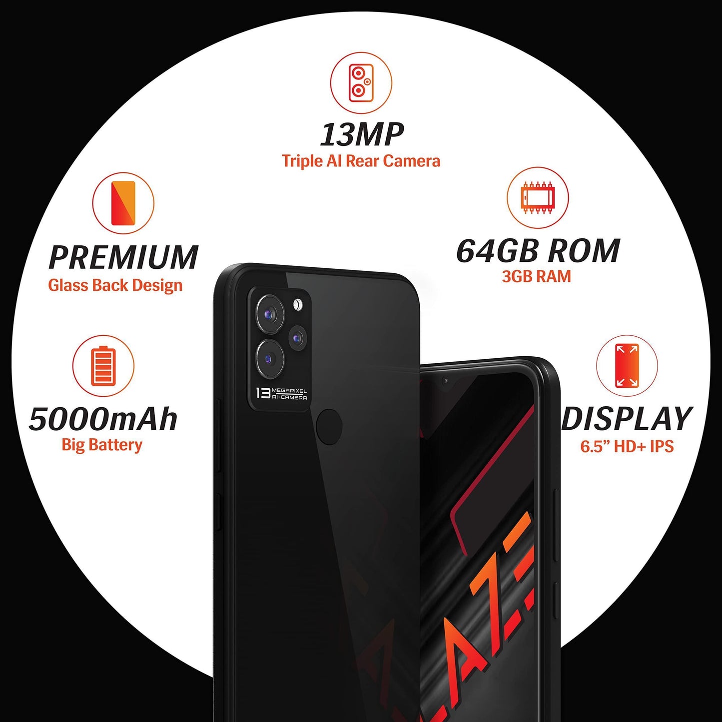 Lava Blaze (Glass Black, 3GB RAM, 64GB Storage)| Premium Glass Back Design| 13 MP AI Triple Camera |Fingerprint Sensor| 5000 mAh Battery| Upto 6GB Expandable RAM - Triveni World