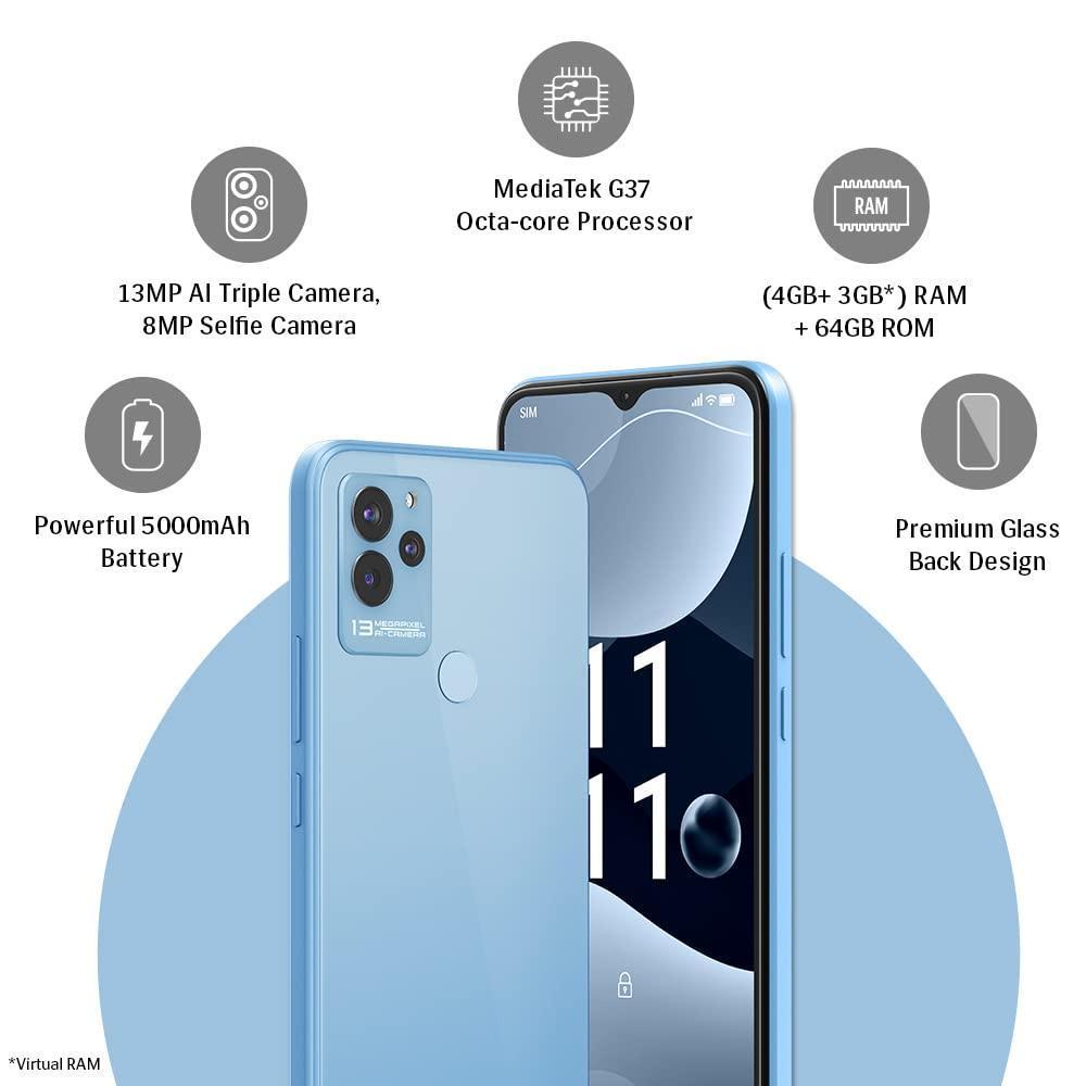 Lava Blaze NXT(Glass Blue, 4GB RAM, 64GB Storage)| 2.3 Ghz Octa Core Helio G37| 13 MP AI Triple Camera |Fingerprint Sensor| 5000 mAh Battery| Upto 7GB Expandable RAM - Triveni World
