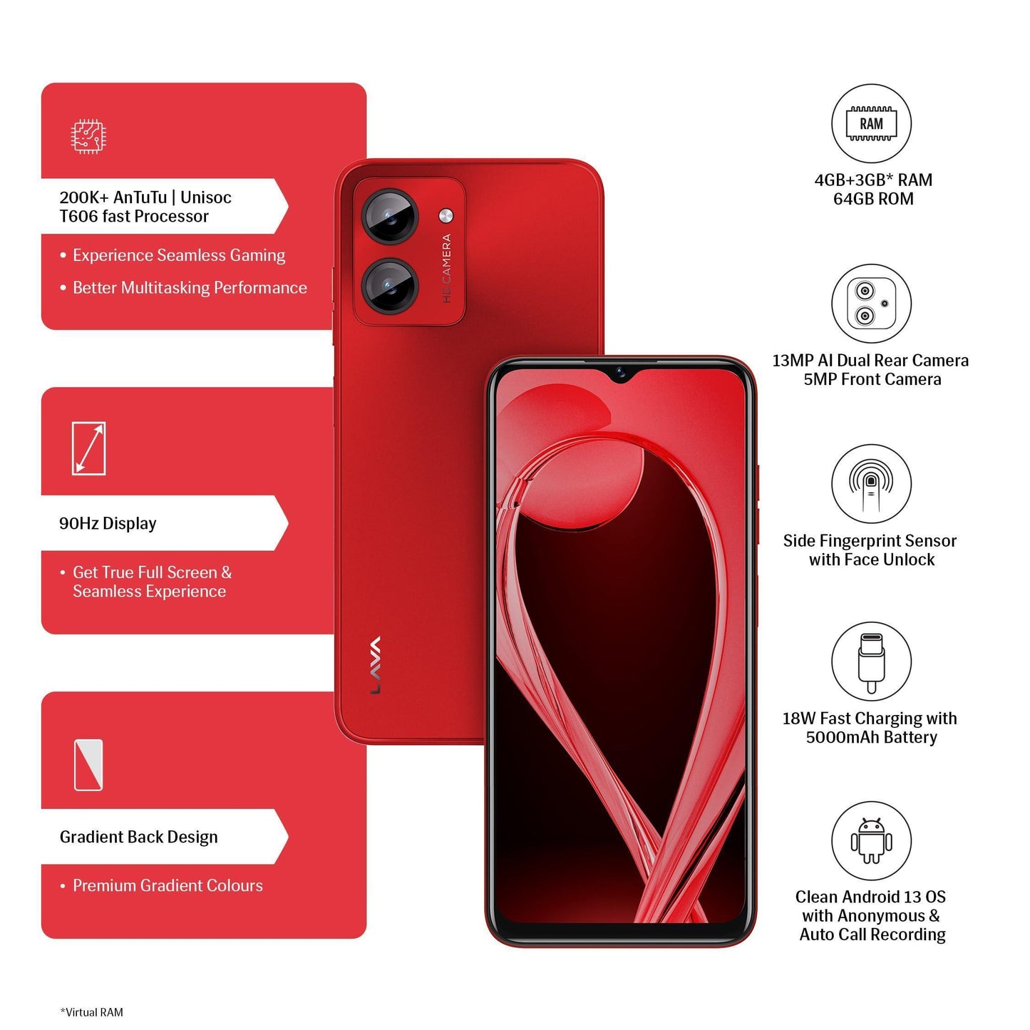 Lava O1 (Luxe Red, 4GB RAM, 64GB Storage) | 18W Fast Charging | Octa Core Unisoc T606 | 13 MP AI Dual Camera | 5000 mAh Battery | Upto 7GB Expandable RAM | Fingerprint Sensor - Triveni World