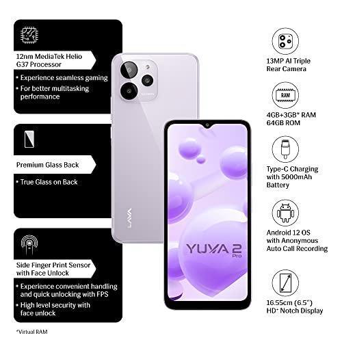 Lava Yuva 2 Pro (Glass Lavender, 4GB RAM, 64GB Storage)| 2.3 Ghz Octa Core Helio G37| 13 MP AI Triple Camera |Fingerprint Sensor| 5000 mAh Battery| Upto 7GB Expandable RAM - Triveni World