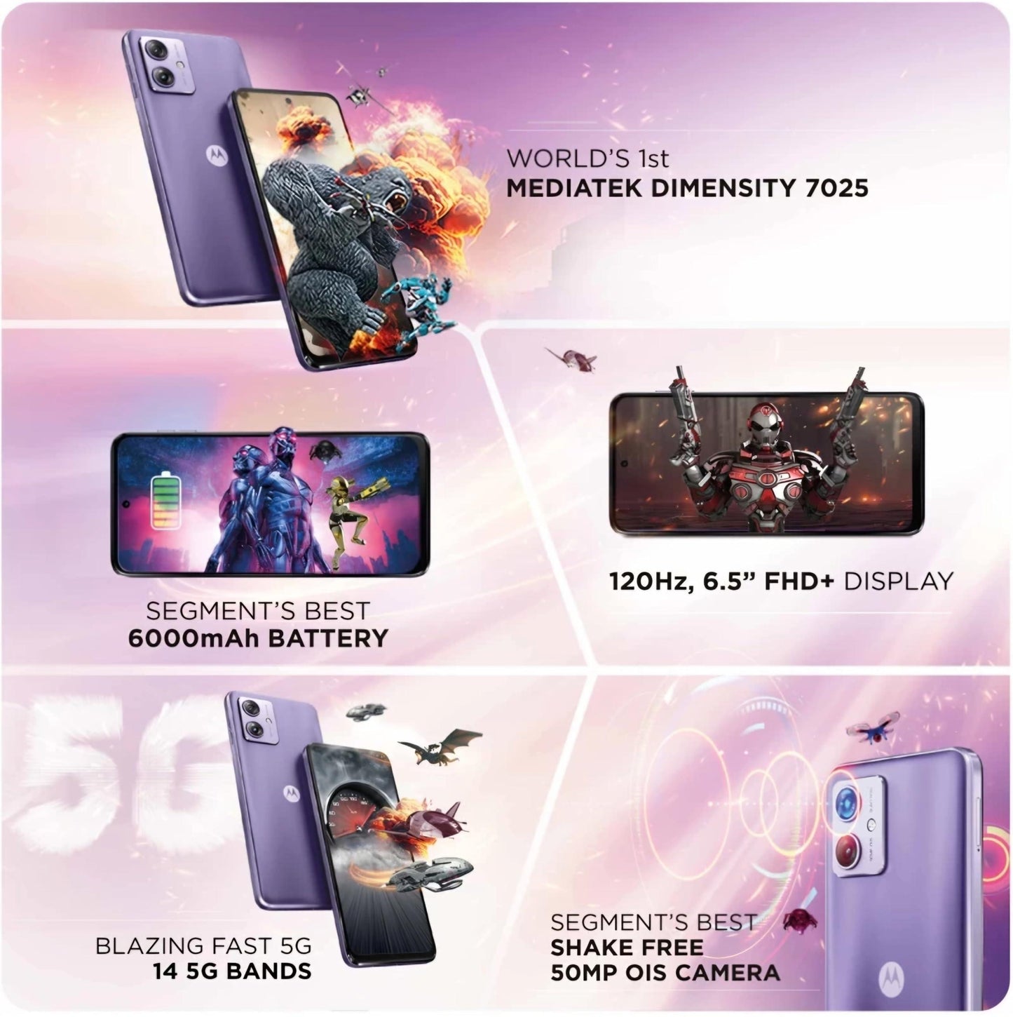 Motorola G64 5G (Ice Lilac, 12GB RAM, 256GB Storage) | Expandable Upto 2TB | Upto 24GB RAM with RAM Boost | 50MP (OIS) + 8MP | 16MP Front Camera | MediaTek Dimensity 7025 Processor | 6000 mAh Battery - Triveni World