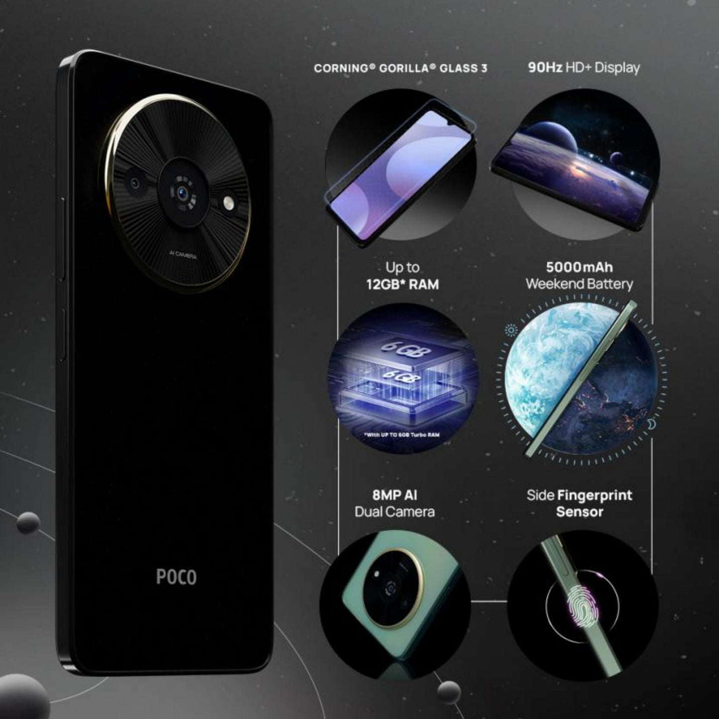 POCO C61 (Diamond Dust Black, 6GB RAM, 128GB Storage)| Expandable Upto 1 TB |Upto 12 GB RAM with Turbo RAM |6.71" HD+ 90Hz Display with Gorilla Glass 3 Protection |Side Fingerprint Sensors |USB Type C - Triveni World