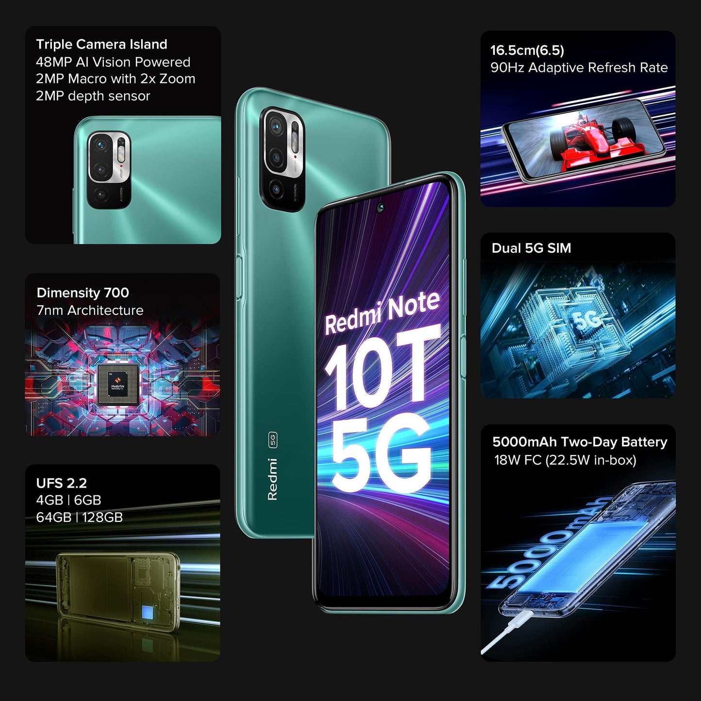 Redmi Note 10T 5G (Mint Green, 4GB RAM, 64GB Storage) | Dual5G | 90Hz Adaptive Refresh Rate | MediaTek Dimensity 700 7nm Processor | 22.5W Charger Included - Triveni World