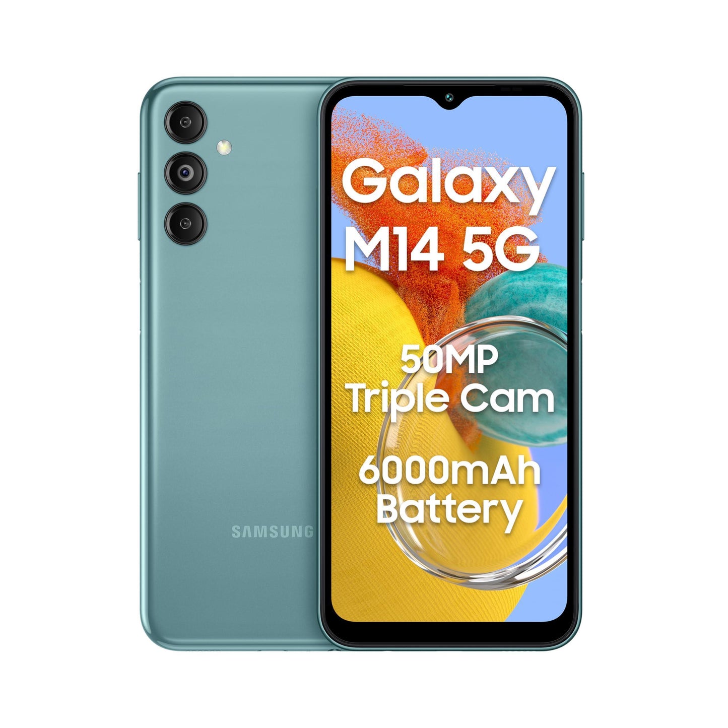 Samsung Galaxy M14 5G (Smoky Teal,4GB,128GB)|50MP Triple Cam|Segment's Only 6000 mAh 5G SP|5nm Processor|2 Gen. OS Upgrade & 4 Year Security Update|12GB RAM with RAM Plus|Android 13|Without Charger - Triveni World