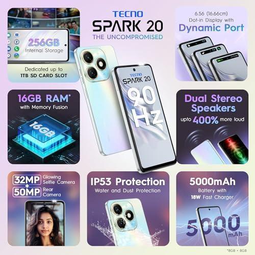 TECNO Spark 20 | Cyber White, (16GB*+256GB)| 32MP Selfie + 50MP Main Camera| 90Hz Dot-in Display with Dynamic Port & Dual Speakers with DTS| 5000mAh Battery |18W Type-C| Helio G85 Processor - Triveni World