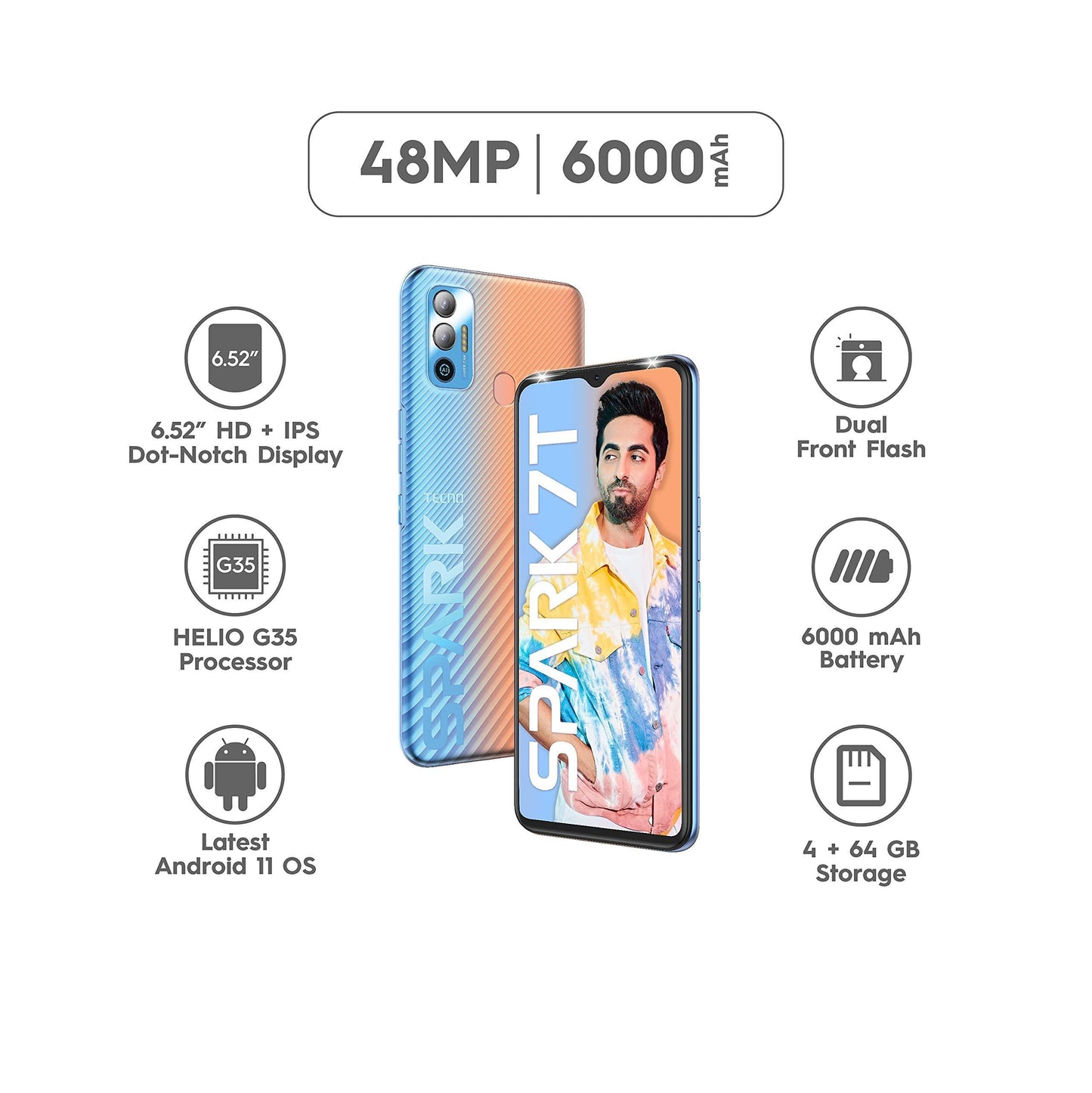 TECNO Spark 7T(Nebula Orange, 4GB RAM, 64GB Storage) 6000 mAh Battery| 48 MP AI Dual Rear Camera - Triveni World