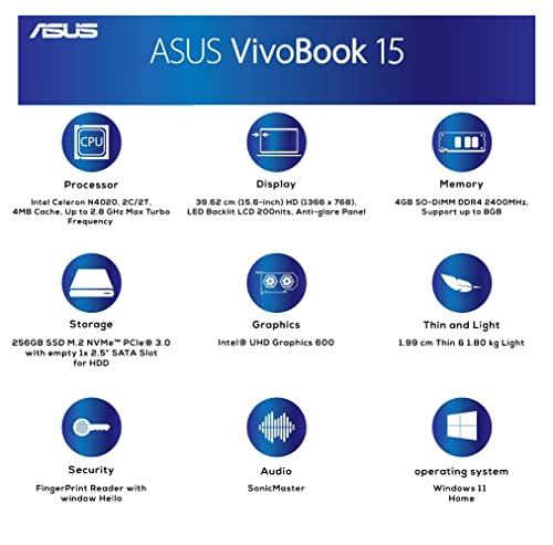 ASUS VivoBook 15 (2021), 15.6-inch (39.62 cm) HD, Dual Core Intel Celeron N4020, Thin and Light Laptop (4GB RAM/256GB SSD/Integrated Graphics/Windows 11 Home/Transparent Silver/1.8 Kg), X515MA-BR011W - Triveni World