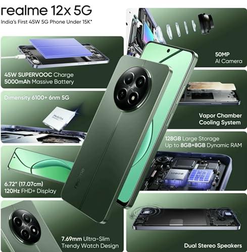 realme 12x 5G (Woodland Green, 4GB RAM, 128GB Storage) | Upto 8GB (4+4GB) Dynamic RAM | Dimensity 6100+ Processor | 50 MP AI Camera | 7.69 mm Ultra-Slim Trendy Watch Design | 45 W SUPERVOOC Charge - Triveni World