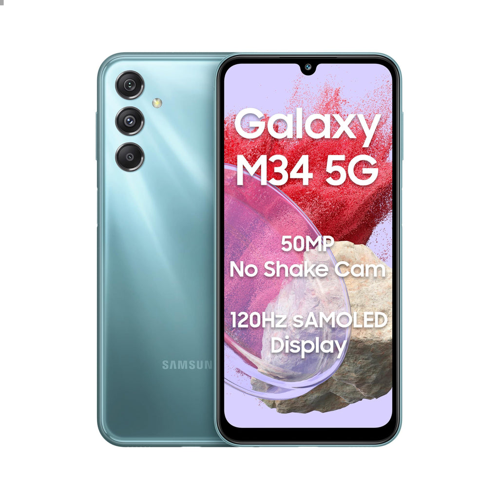 Samsung Galaxy M34 5G (Waterfall Blue,8GB,128GB)|120Hz sAMOLED Display|50MP Triple No Shake Cam|6000 mAh Battery|4 Gen OS Upgrade & 5 Year Security Update|16GB RAM with RAM+|Android 13|Without Charger - Triveni World