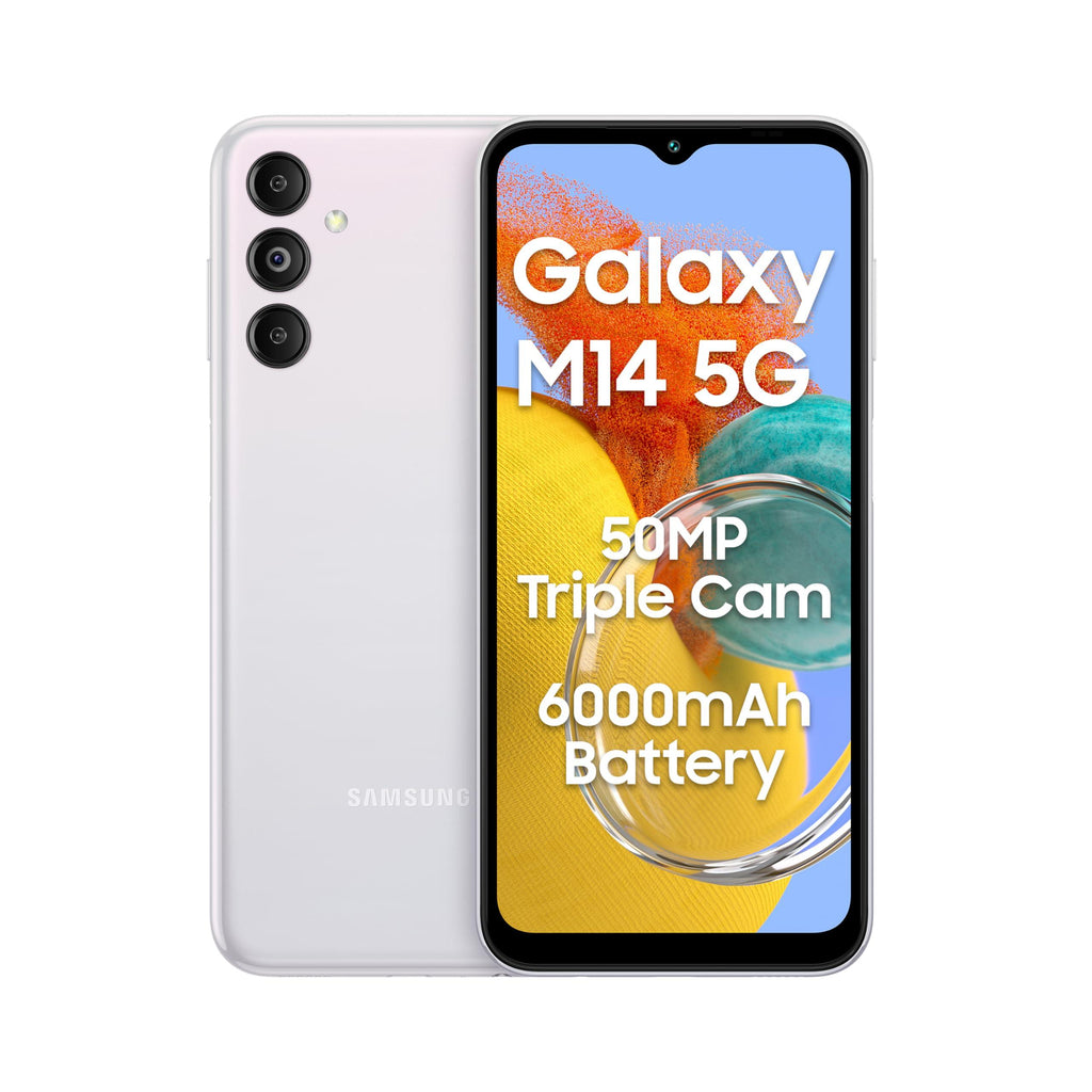 Samsung Galaxy M14 5G (ICY Silver,4GB,128GB)|50MP Triple Cam|Segment's Only 6000 mAh 5G SP|5nm Processor|2 Gen. OS Upgrade & 4 Year Security Update|12GB RAM with RAM Plus|Android 13|Without Charger - Triveni World