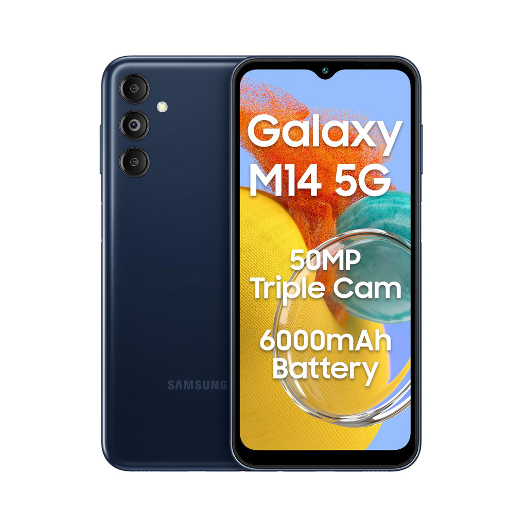 Samsung Galaxy M14 5G (Berry Blue,4GB,128GB)|50MP Triple Cam|Segment's Only 6000 mAh 5G SP|5nm Processor|2 Gen. OS Upgrade & 4 Year Security Update|12GB RAM with RAM Plus|Android 13|Without Charger - Triveni World