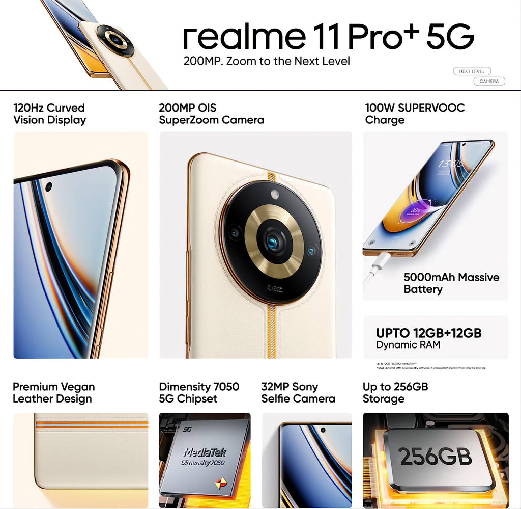 realme 11 Pro+ 5G (Sunrise Beige, 12GB RAM, 256GB Storage) | 120 Hz Curved Display | 200MP ProLight Camera | 7050 5G Dimensity | 100W SUPERVOOC | 12GB Dynamic RAM | Premier Vegan Leather Finish Design - Triveni World