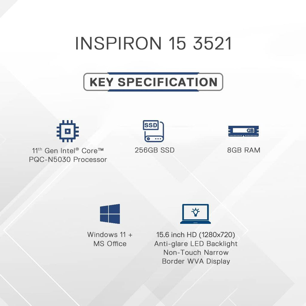Dell Inspiron 3521 Laptop - Intel PQC-N5030, Windows 11 + Office 21, 8GB GDDR4, 256GB SSD, 15.6"/39.62Cms HD AG Narrow Border (D560756WIN9BE, Carbon Black, 1.61Kgs) - Triveni World