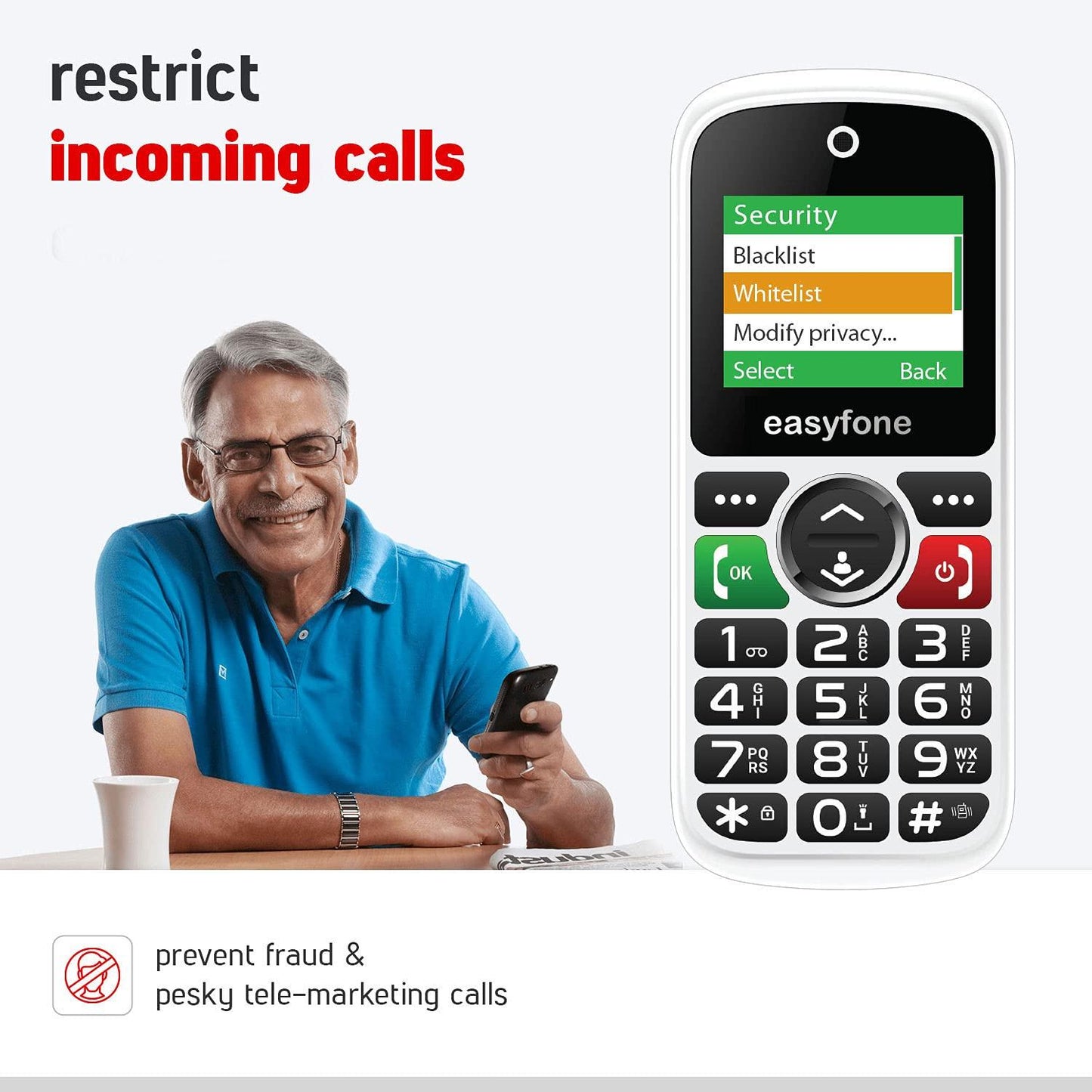 Easyfone Udaan2 1.8" Display with 20+ Senior Citizen Friendly Features Like Loud Sound, Photo Speed dial, Simple menu, SOS, Incoming Call Restriction, Auto-Call Recording, Dual SIM, White - Triveni World