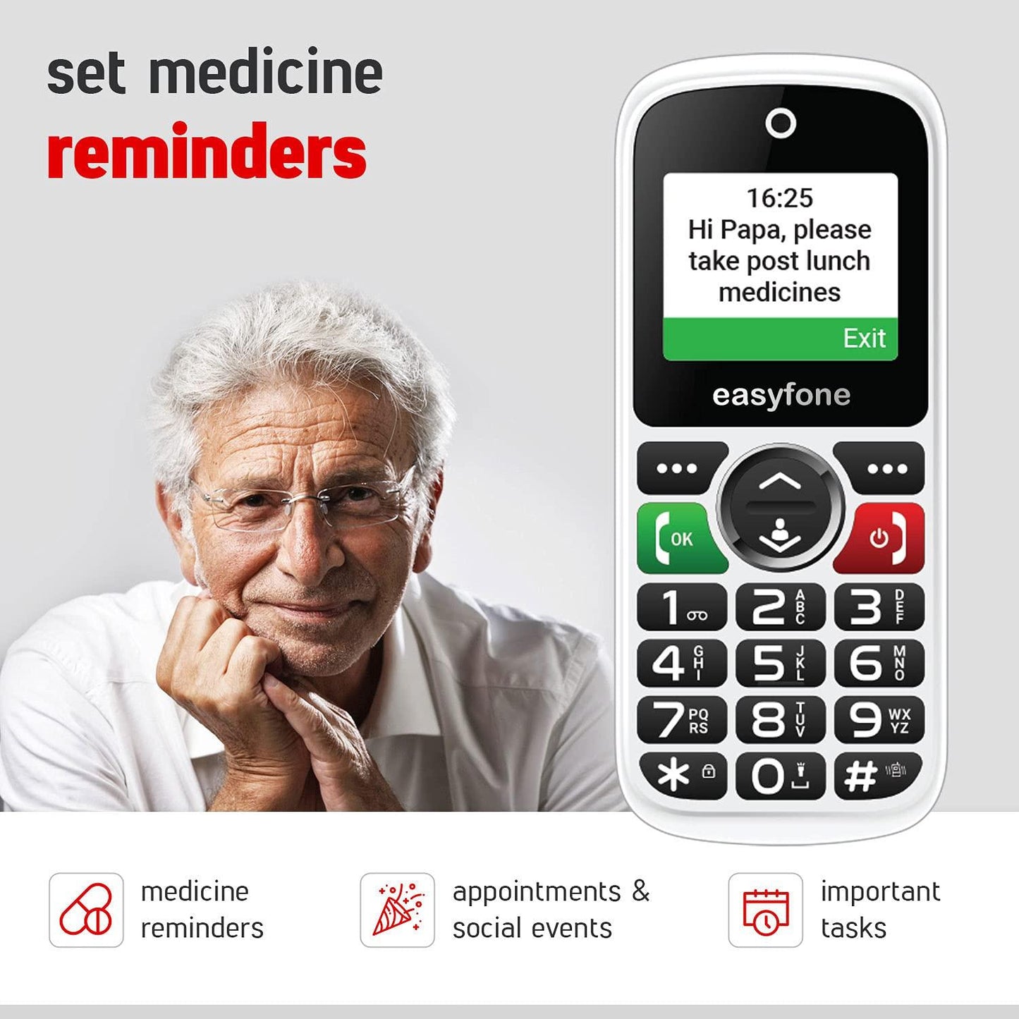 Easyfone Udaan2 1.8" Display with 20+ Senior Citizen Friendly Features Like Loud Sound, Photo Speed dial, Simple menu, SOS, Incoming Call Restriction, Auto-Call Recording, Dual SIM, White - Triveni World