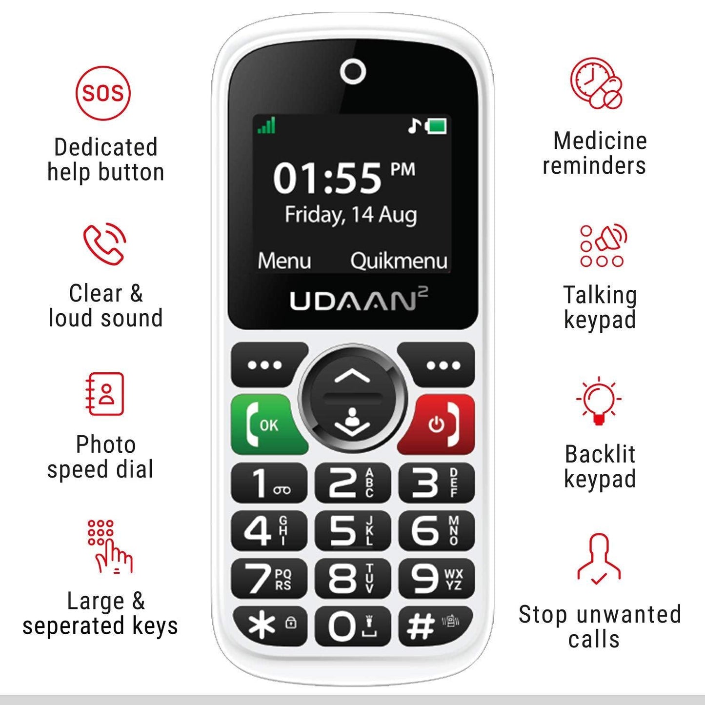 Easyfone Udaan2 1.8" Display with 20+ Senior Citizen Friendly Features Like Loud Sound, Photo Speed dial, Simple menu, SOS, Incoming Call Restriction, Auto-Call Recording, Dual SIM, White - Triveni World