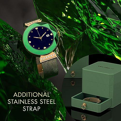 Fire-Boltt Emerald Gemstone-Studded Diamond Cut Smart Watch with 1.09” HD Display, Multiple Sports Modes, Health Suite, Wireless Charging, IP68 with Additional Stainless Steel Strap (Green) - Triveni World
