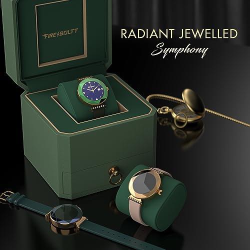 Fire-Boltt Emerald Gemstone-Studded Diamond Cut Smart Watch with 1.09” HD Display, Multiple Sports Modes, Health Suite, Wireless Charging, IP68 with Additional Stainless Steel Strap (Green) - Triveni World