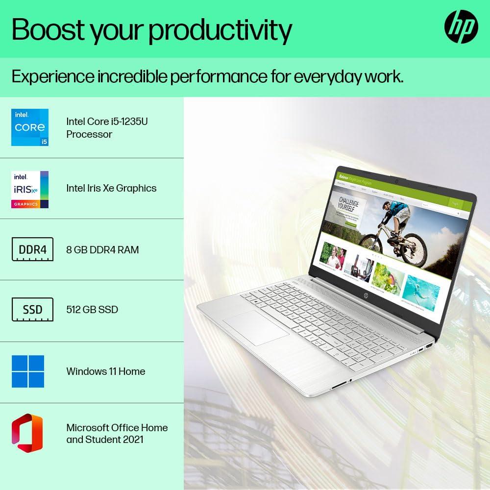 HP Laptop 15, 12th Gen i5-1235U, 15.6-inch (39.6 cm), FHD, Anti-Glare, 8GB DDR4, 512GB SSD, Intel Iris Xᶱ Graphics, Backlit Keyboard, Dual Speakers, (Win 11, MSO 2021, Silver, 1.69 kg), 15s-fy5007TU - Triveni World