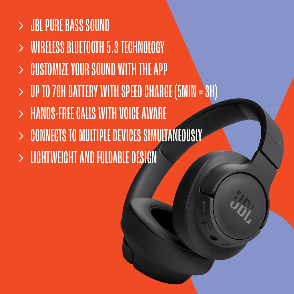 JBL Tune 720BT - Wireless Over-Ear Headphones Pure Bass Sound, Bluetooth 5.3, Up to 76H Battery Life and Speed Charge, Lightweight, Comfortable and Foldable Design (Black) - Triveni World