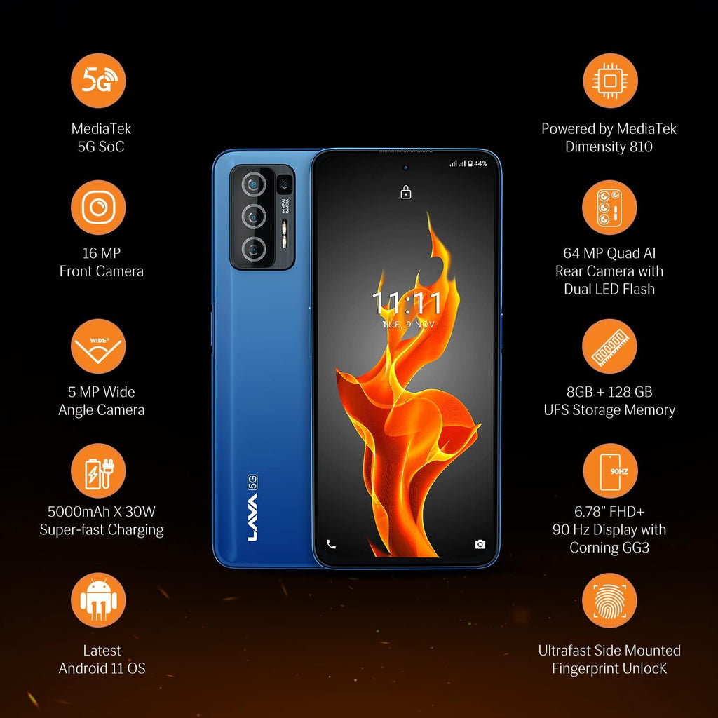 Lava Agni 5G |64 MP AI Quad Camera| (8GB RAM/128 GB ROM)| 5000 mAh Battery| Superfast 30W Fast Charging| 6.78 inch Big Screen (Fiery Blue) - Triveni World