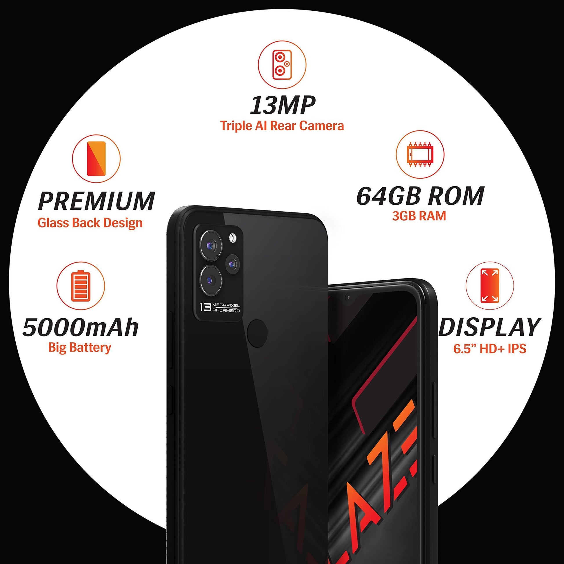 Lava Blaze (Glass Black, 3GB RAM, 64GB Storage)| Premium Glass Back Design| 13 MP AI Triple Camera |Fingerprint Sensor| 5000 mAh Battery| Upto 6GB Expandable RAM - Triveni World