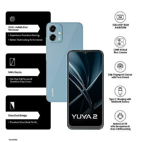 Lava Yuva 2 (3 GB RAM, UFS 2.2 64GB Storage) - Glass Blue|Unisoc T606 Octa Core Processor| 90 Hz Refresh Rate|Side Fingerprint Sensor|13MP Dual AI Camera| 5000 mAh Battery| Upto 6GB Expandable RAM - Triveni World
