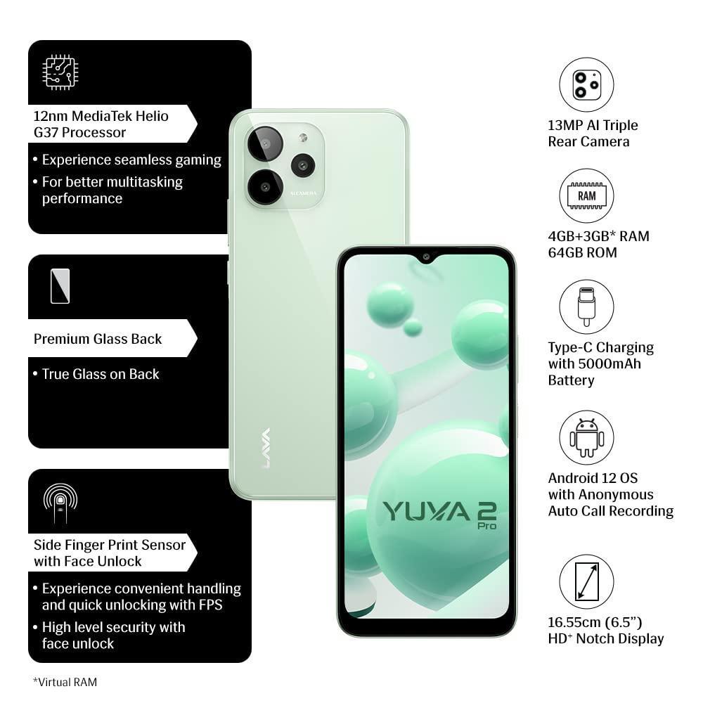 Lava Yuva 2 Pro (Glass Green, 4GB RAM, 64GB Storage)| 2.3 Ghz Octa Core Helio G37| 13 MP AI Triple Camera |Fingerprint Sensor| 5000 mAh Battery| Upto 7GB Expandable RAM - Triveni World