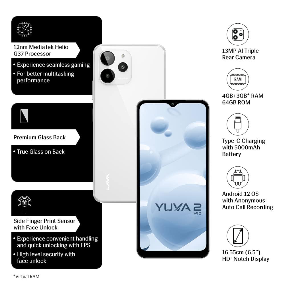 Lava Yuva 2 Pro (Glass White, 4GB RAM, 64GB Storage)| 2.3 Ghz Octa Core Helio G37| 13 MP AI Triple Camera |Fingerprint Sensor| 5000 mAh Battery| Upto 7GB Expandable RAM - Triveni World