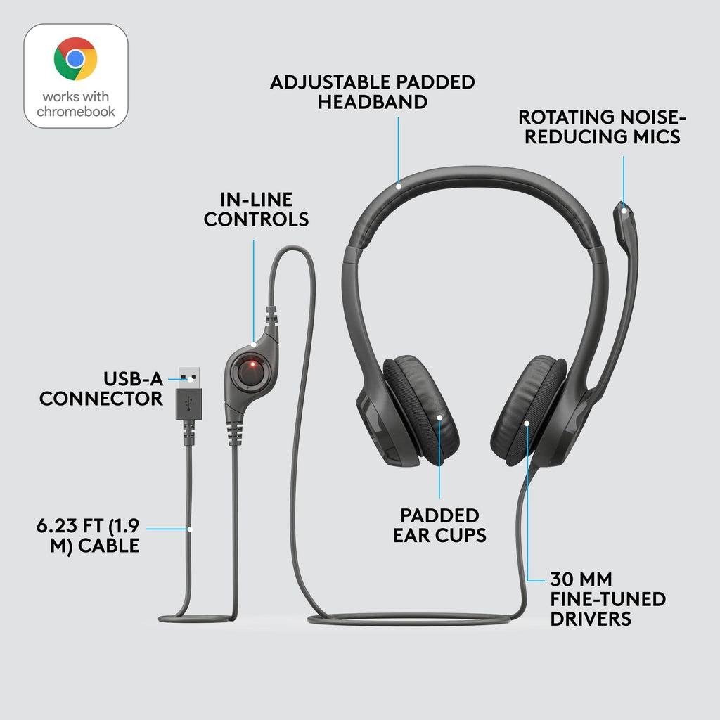 Logitech H390 Wired On Ear Headset for PC/Laptop, Stereo Headphones with Noise Cancelling Microphone, USB-A, In-Line Controls, Works with Chromebook - Triveni World