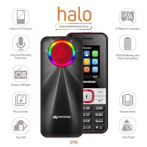 Micromax S116, Dual Sim Keypad with Long Lasting Battery & Dedicated Notification Ring, Wireless FM with Auto Call Recording | Black Red - Triveni World