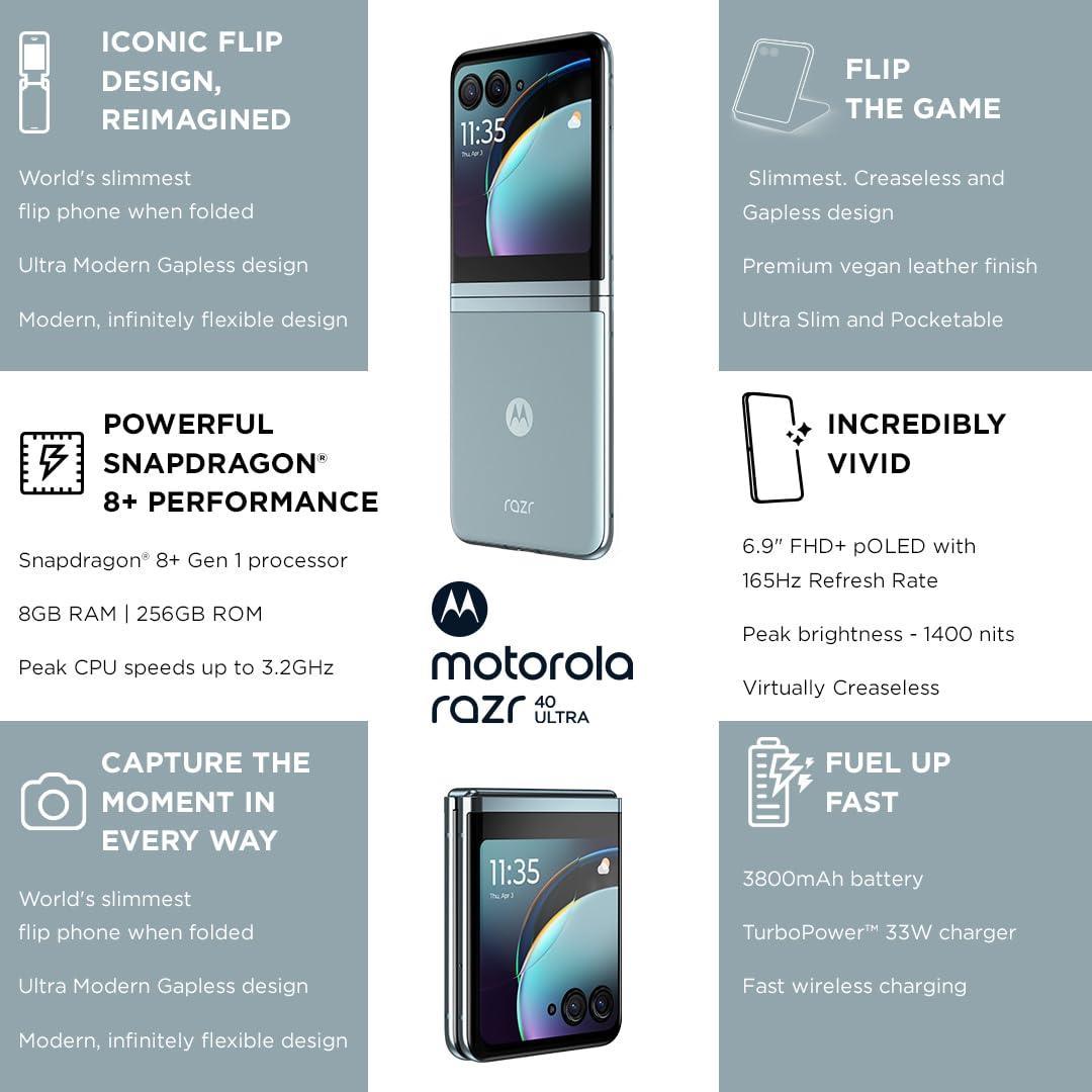 Motorola razr 40 Ultra (Glacier Blue, 8GB RAM, 256GB Storage) External AMOLED Display AMOLED 165Hz Display 32MP Selfie Camera |30W