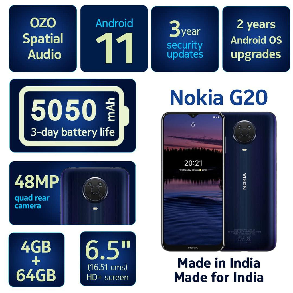 Nokia G20 Smartphone, Dual SIM 4G, 4GB RAM/64GB Storage, 48MP Quad Camera with 6.5” (16.51 cm) Screen | Silver, 4GB+64Gb - Triveni World