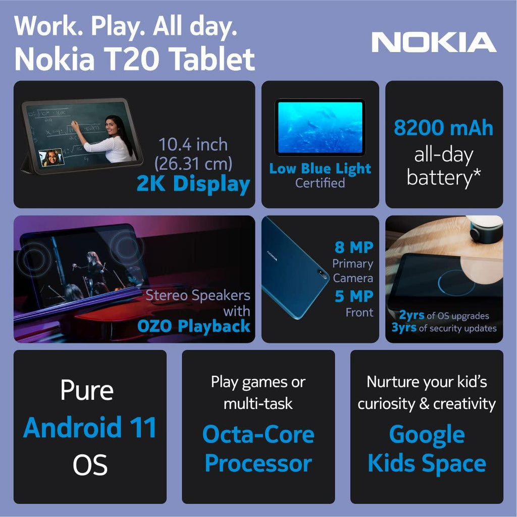 Nokia T20 1200 x 2000, LCD 8200mAh Battery, 3GB Ram Bluetooth, Wi-Fi 10.36 inches(26cm) 2K Screen with Low Blue Light, Wi-Fi Tab (Blue) - Triveni World