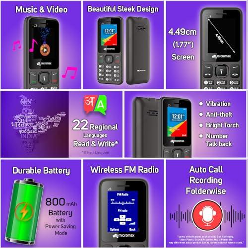 (Refurbished) Micromax All-New J3 Sleek & Stylish |Keypad Mobile with 1.77" Screen|Auto Call Recording | Bright Torch| Wireless FM |Grey| - Triveni World