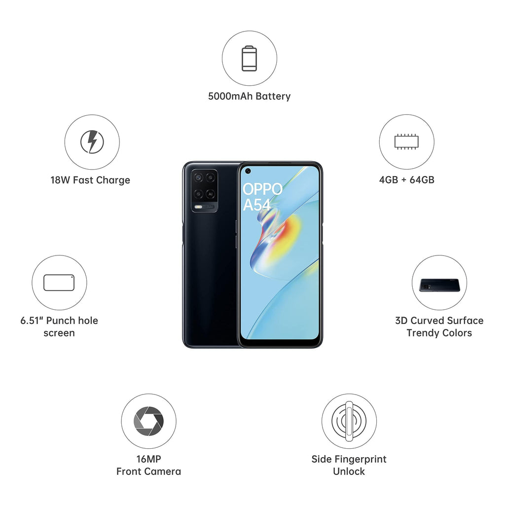 (Refurbished) OPPO A54 (Crystal Black, 4GB RAM, 128GB Storage) with No Cost EMI/Additional Exchange Offe - Triveni World