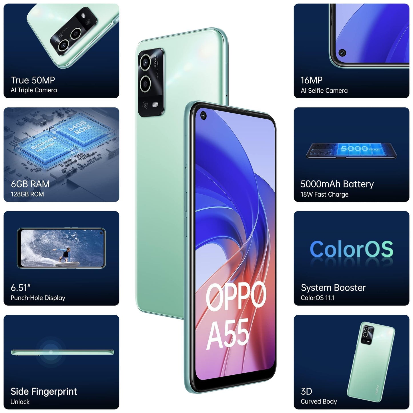(Refurbished) OPPO A55 (Mint Green, 6GB RAM, 128GB Storage) - Triveni World