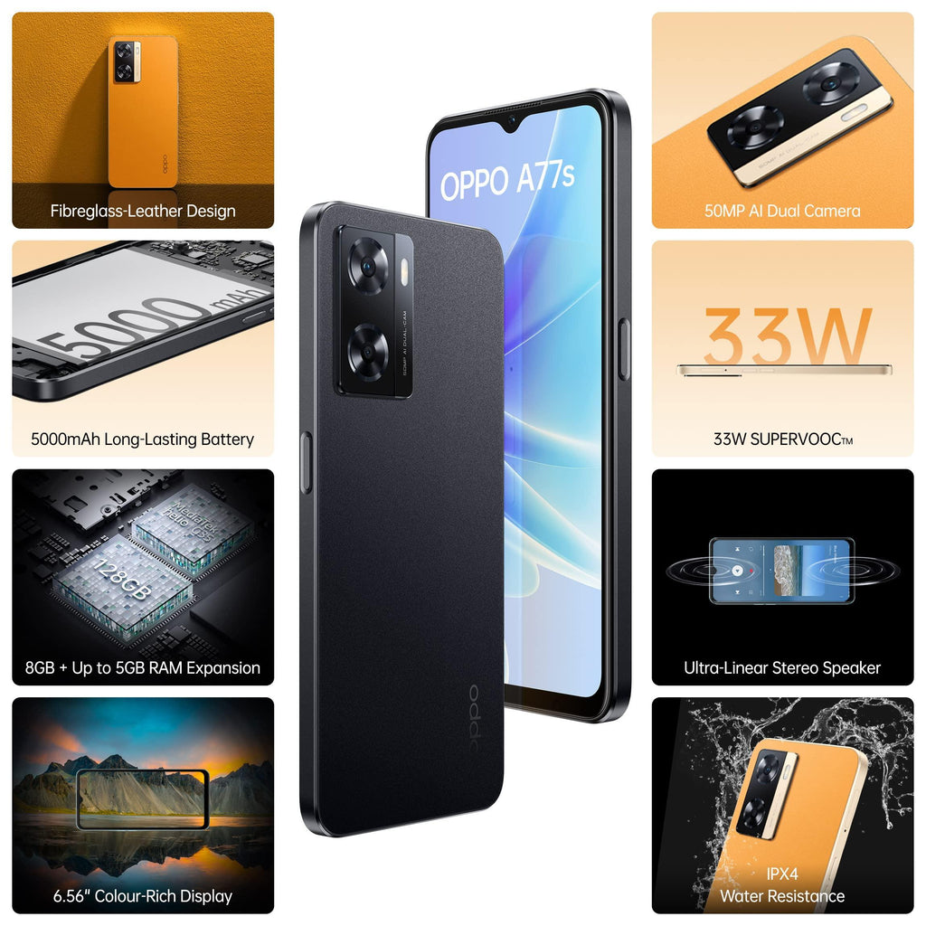 (Refurbished) OPPO A77s (Starry Black, 8GB RAM, 128 Storage) with No Cost EMI/Additional Exchange Offers - Triveni World