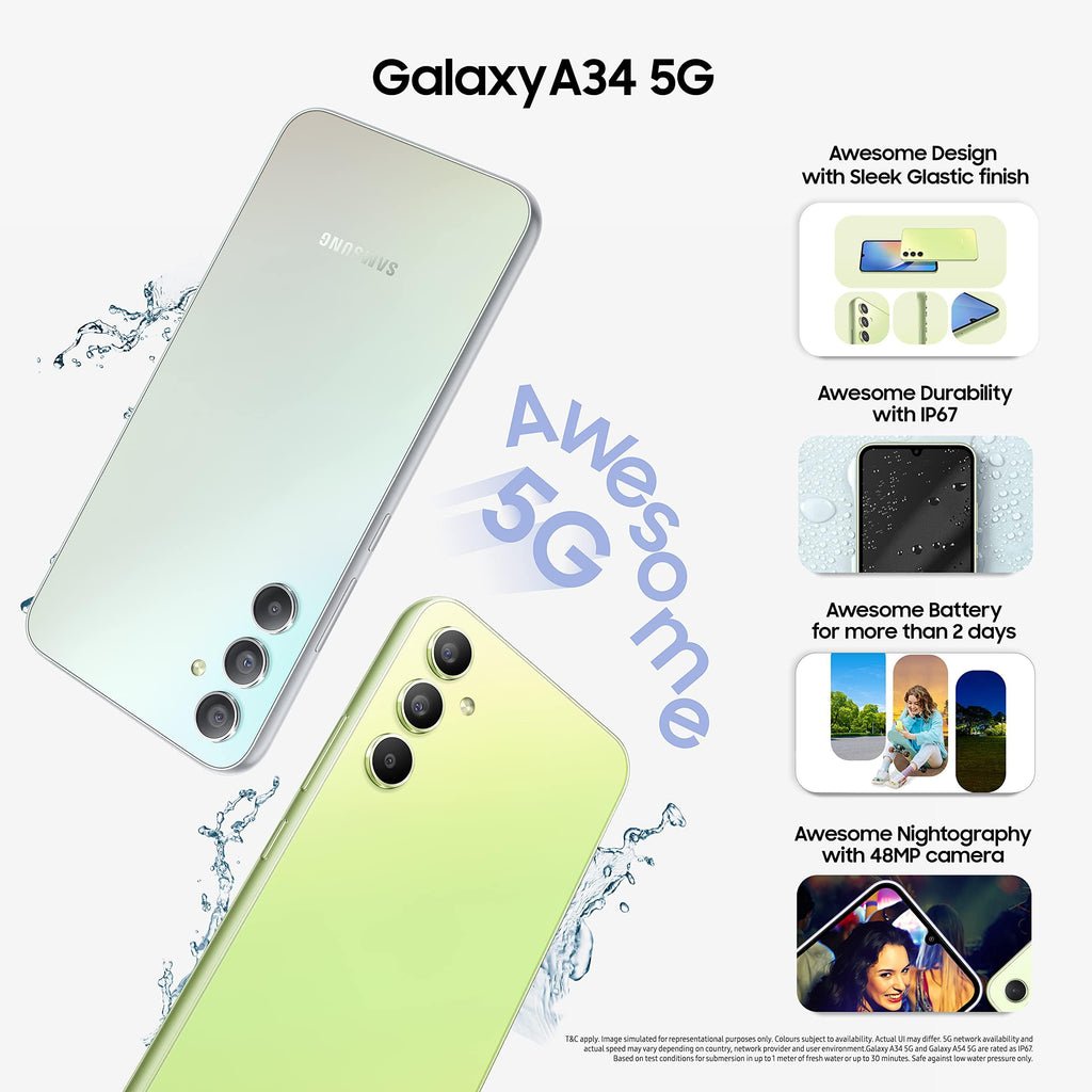 (Refurbished) Samsung Galaxy A34 5G (Awesome Lime, 8GB, 128GB Storage) | 48 MP No Shake Cam (OIS) | IP67 | Gorilla Glass 5 | Voice Focus | Travel Adapter to be Purchased Separately - Triveni World