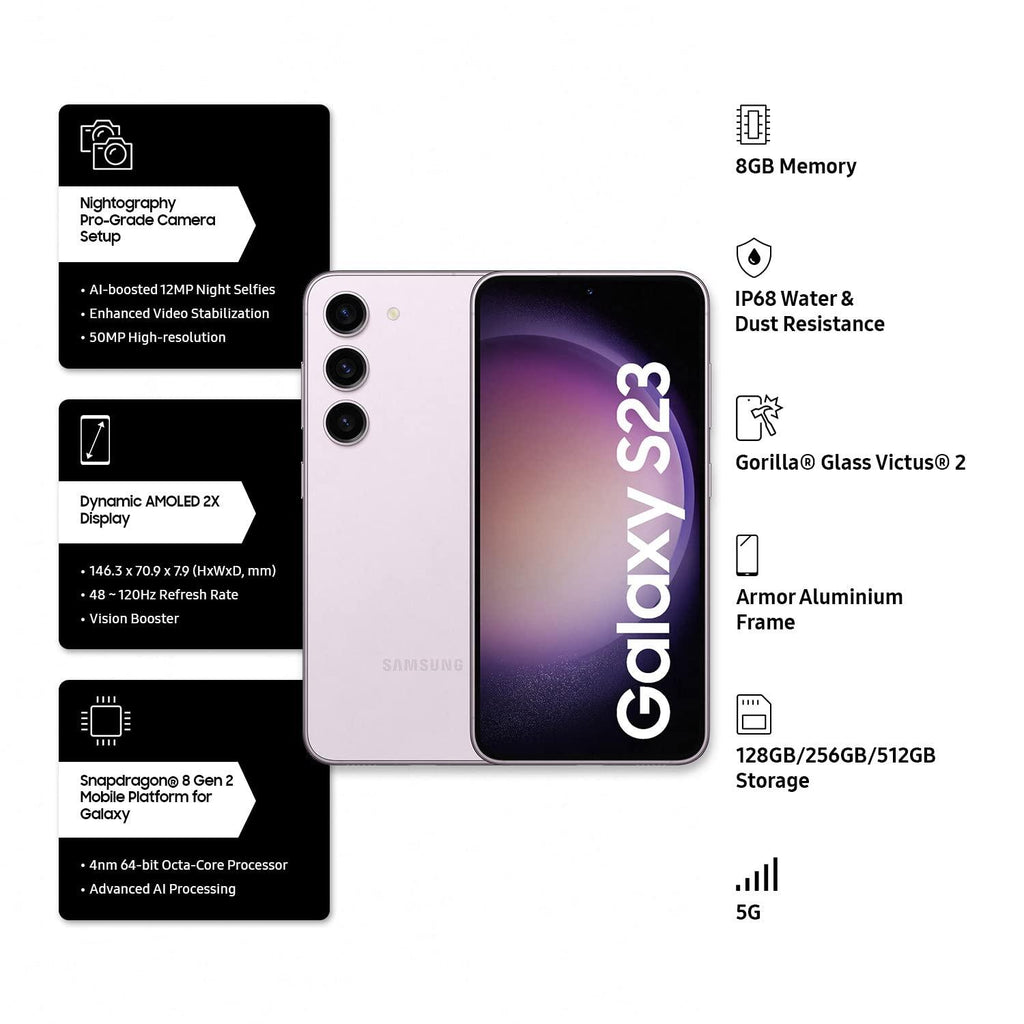 (Refurbished) Samsung Galaxy S23 5G (Lavender, 8GB, 128GB Storage) - Triveni World