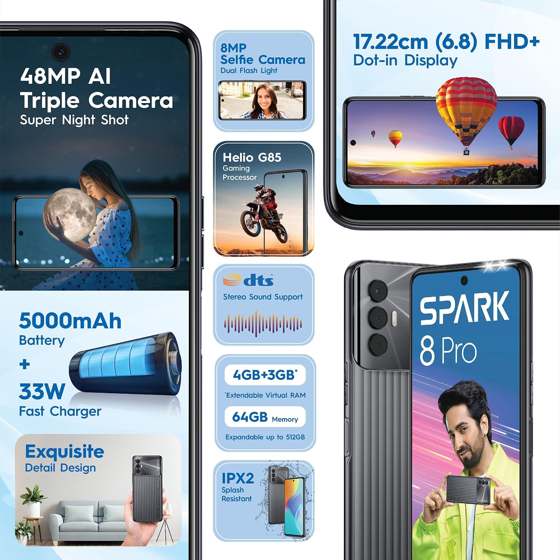 (Refurbished) Tecno Spark 8 Pro (Interstellar Black, 4GB RAM, 64GB Storage) | 48MP Triple Camera | 6.8" FHD+Dot-in Display | 33W Fast Charger | Helio G85 Gaming Processor - Triveni World