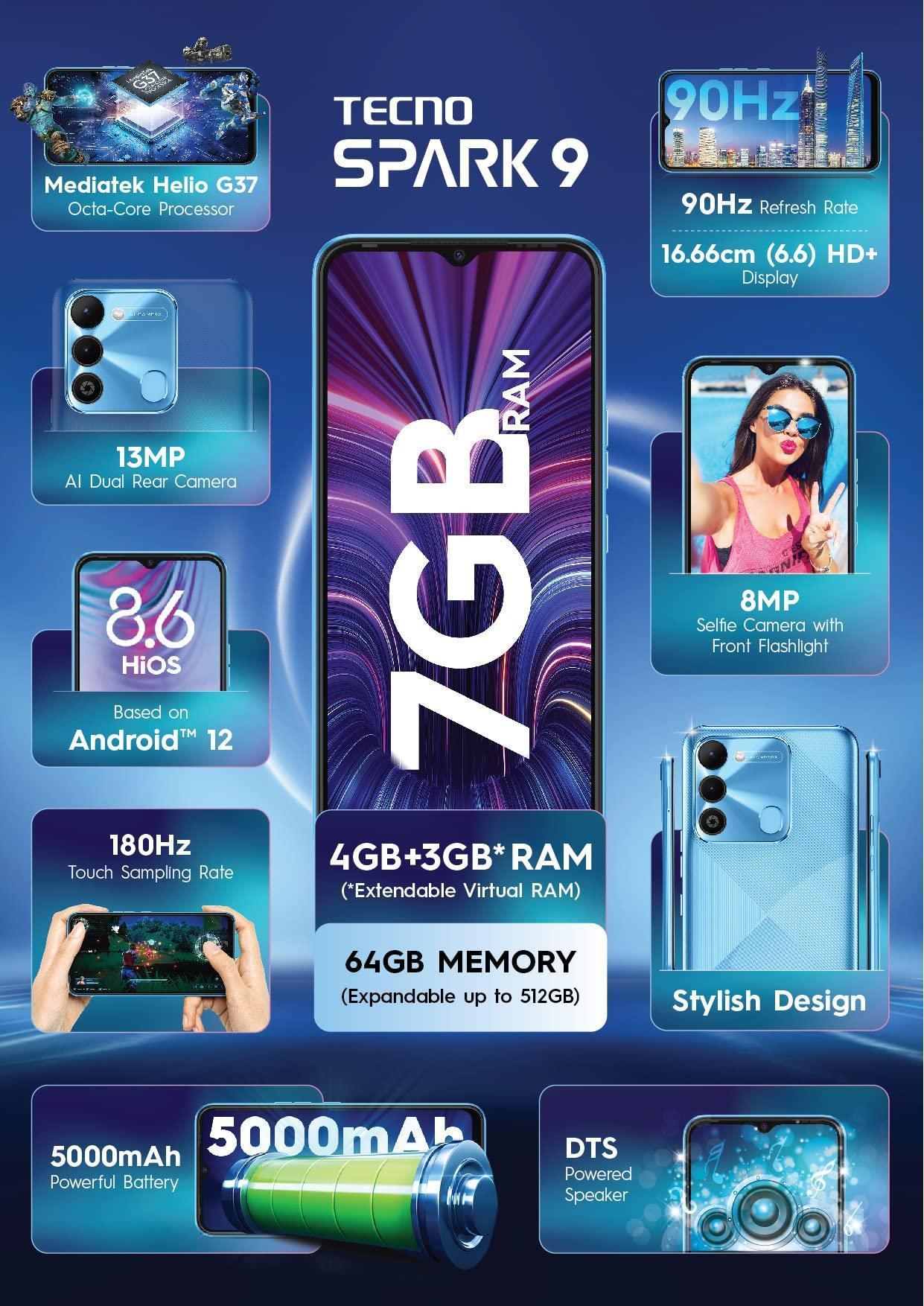 (Refurbished) Tecno Spark 9 (Sky Mirror, 4GB RAM, 64GB Storage)| Upto 7GB Expandable RAM | 90Hz Refresh - Triveni World