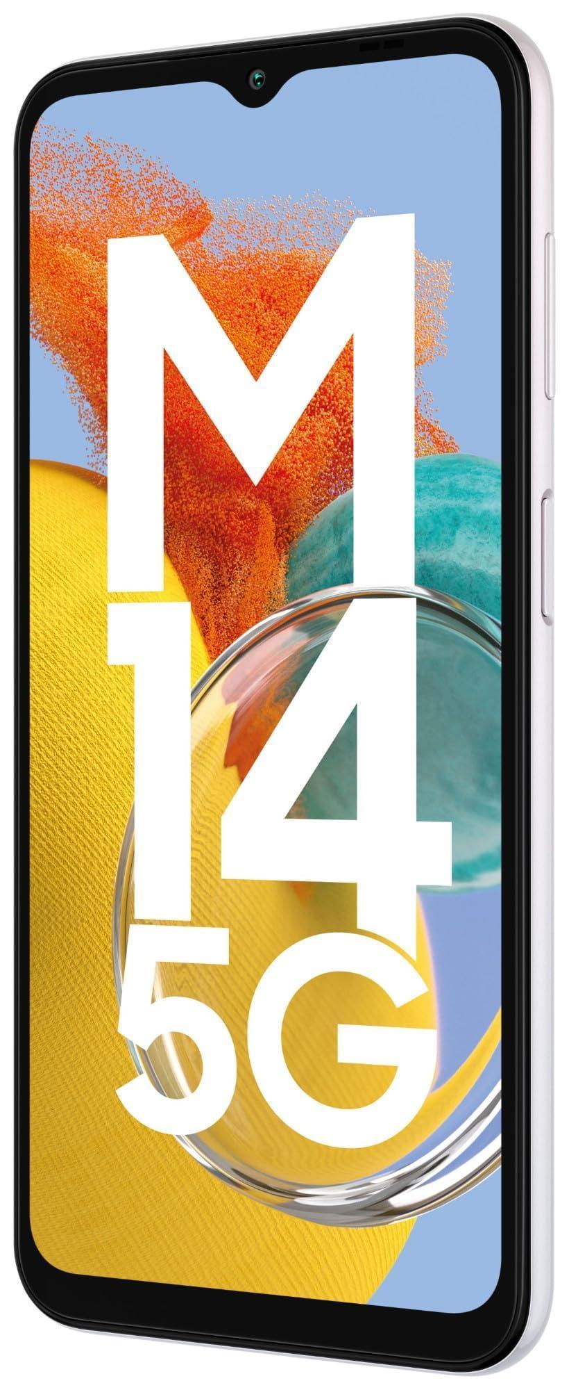 Samsung Galaxy M14 5G (ICY Silver,4GB,128GB)|50MP Triple Cam|Segment's Only 6000 mAh 5G SP|5nm Processor|2 Gen. OS Upgrade & 4 Year Security Update|12GB RAM with RAM Plus|Android 13|Without Charger - Triveni World