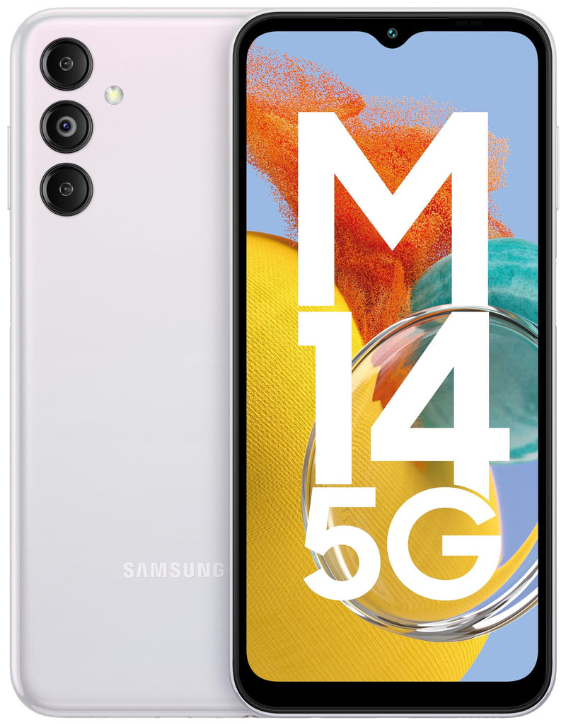 Samsung Galaxy M14 5G (ICY Silver,4GB,128GB)|50MP Triple Cam|Segment's Only 6000 mAh 5G SP|5nm Processor|2 Gen. OS Upgrade & 4 Year Security Update|12GB RAM with RAM Plus|Android 13|Without Charger - Triveni World