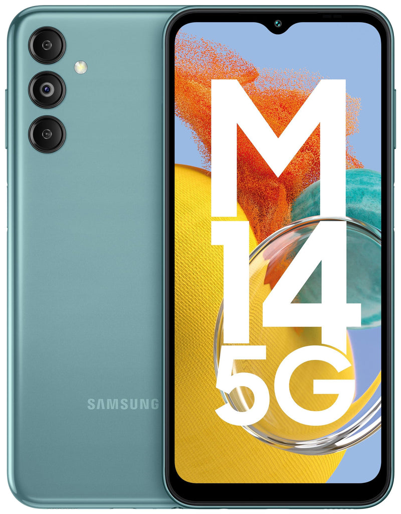 Samsung Galaxy M14 5G (Smoky Teal,4GB,128GB)|50MP Triple Cam|Segment's Only 6000 mAh 5G SP|5nm Processor|2 Gen. OS Upgrade & 4 Year Security Update|12GB RAM with RAM Plus|Android 13|Without Charger - Triveni World