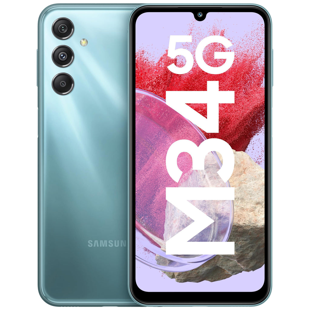 Samsung Galaxy M34 5G (Waterfall Blue,8GB,256GB)|120Hz sAMOLED Display|50MP Triple No Shake Cam|6000 mAh Battery|4 Gen OS Upgrade & 5 Year Security Update|16GB RAM with RAM+|Android 13|Without Charger - Triveni World