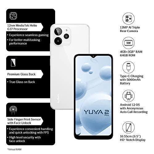 Lava Yuva 2 Pro (Glass White, 4GB RAM, 64GB Storage)| 2.3 Ghz Octa Core Helio G37| 13 MP AI Triple Camera |Fingerprint Sensor| 5000 mAh Battery| Upto - Triveni World