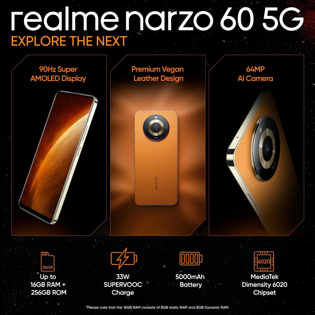 narzo 60 5G Mars Orange8GB256GB 90Hz Super AMOLED Display Ultra Premium Vegan Lear Design - Triveni World