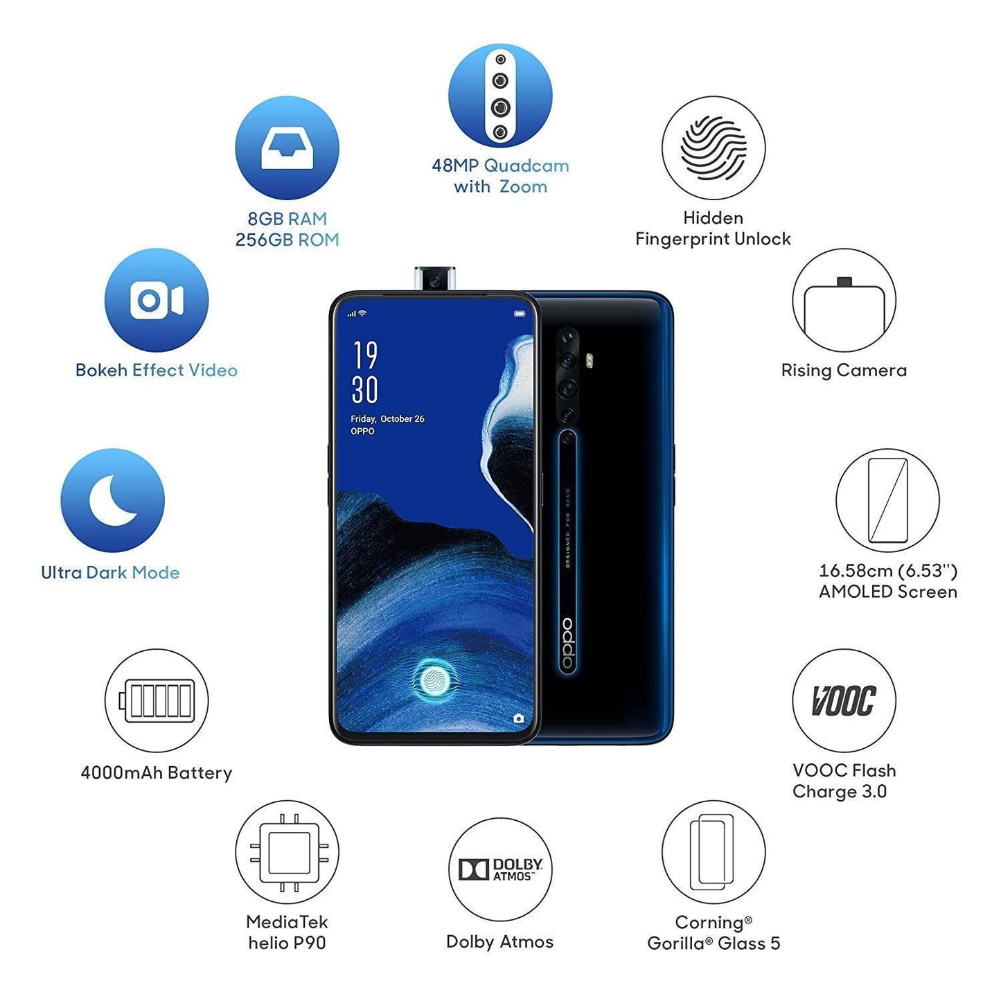 Oppo Reno 2 Luminous Black 8GB 256GB Refurbished - Triveni World